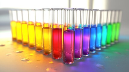 Poster - vivid laboratory experiment spectrum of colorful liquids in test tubes on a reflective surface
