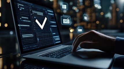 Poster - A hand engages with virtual document icons above a laptop screen, showcasing digital management in a city backdrop at night