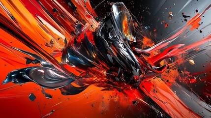 Poster - Abstract liquid explosion with vibrant red and black colors and metallic textures