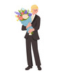 © Sonika - Man with flowers. Blond groom in black suit holds bouquet of flowers. Flat vector character