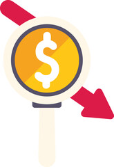 Poster - Magnifying glass is focusing on a gold coin with a dollar sign as a red arrow points down showing the decreasing value of money