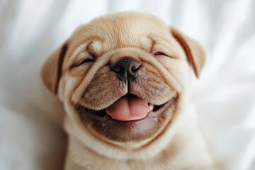 dog. small smiling, native, smile. on a white background close-up. playful mood