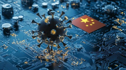Leinwandbilder - Digital virus particle featuring chinese flag on a circuit board digital art technology environment macro viewpoint for seo impact