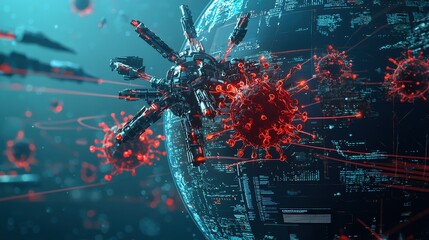 Fototapete - Dramatic virus invasion earth digital art sci-fi environment aerial view glowing red trails of infection