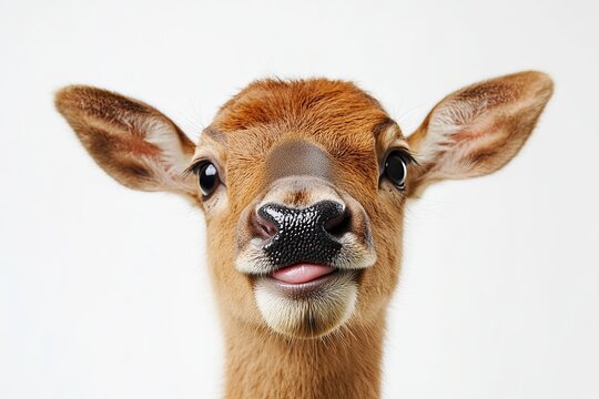elk. small smiling, native, smile. on isolated white background close up. playful mood
