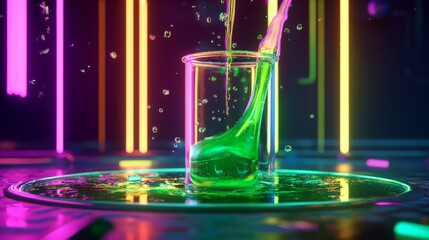 Wall Mural - green liquid pouring into a glass test tube under neon lights, featuring a futuristic scientific lab
