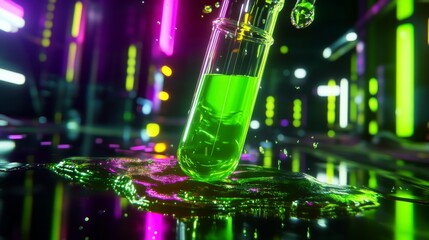 Wall Mural - Green liquid pouring into a glass test tube under neon lights, featuring a futuristic scientific laboratory setting with vibrant illuminated background, ideal for biochemistry, science, and research-t