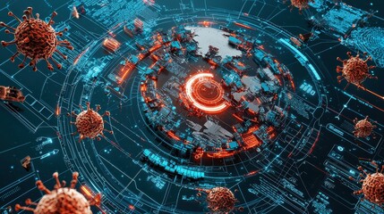 Poster - Futuristic pandemic response map displaying outbreak patterns global scale digital interface high-tech environment data visualization concept
