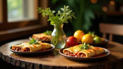 Sticker - Savory Baked Pasta Rolls with Rich Tomato Sauce and Fresh Herbs on Rustic Wooden Table