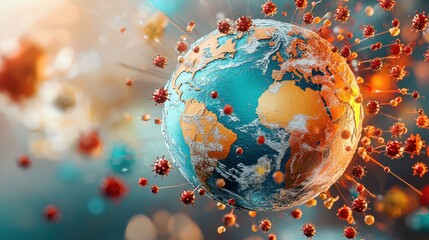 Fototapete - Visual representation of earth surrounded by virus particles global impact digital artwork scientific environment aerial view symbolism and awareness