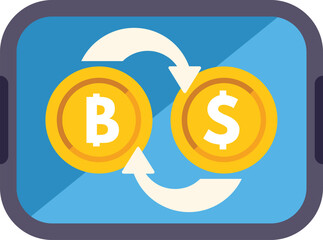 Poster - Cryptocurrency exchange concept with a smartphone displaying rotating bitcoin and us dollar coins