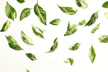 Vibrant Green Basil Leaves: Photorealistic Render, Crisp Detail, Culinary Perfection, White         