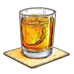 Wall Mural - Hand-drawn illustration of a whiskey glass with ice and orange slice on a coaster.