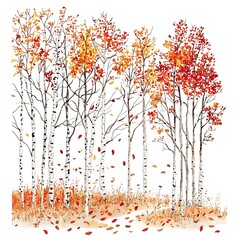 Wall Mural - Watercolor Painting of Birch Trees in Autumn.