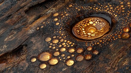 Poster - Unique natural patterns formed on a textured surface with shiny, golden-like droplets in a forest setting. Generative AI
