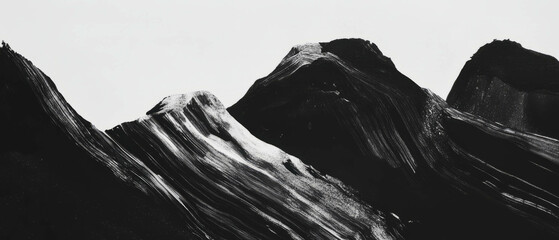 Fototapete - Textured black ink applications create dynamic mountain forms on a matte white background