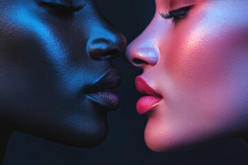 Poster - close encounter highlighting diverse beauty with contrasting lighting in a contemporary artistic com
