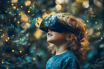 Poster - Child explores virtual reality in a serene outdoor setting during golden hour