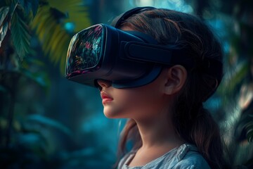 Poster - Young child experiences virtual reality in a lush forest setting during the afternoon hours