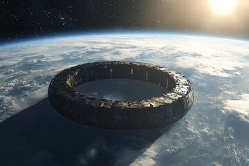 Poster - Futuristic space station orbiting Earth at sunrise, showcasing advanced architecture and serene environment