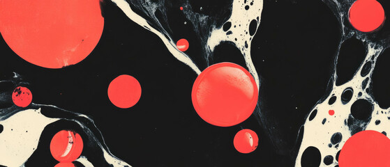 Fototapete - Bold patterns of blotted ink with bright red shapes on a contrasting dark background