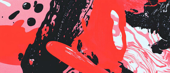 Poster - Blotted ink patterns with bright red shapes create vibrant abstract art