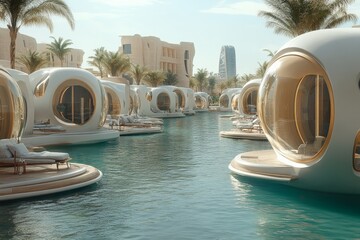 Poster - Luxury floating villas on calm water surrounded by palm trees and modern architecture in a sunny location