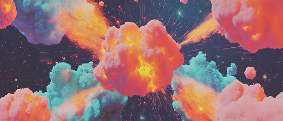 Poster - Bright cartoon explosions with star shapes and dynamic effects in vivid colors