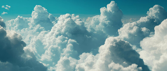 Poster - Fluffy cartoon clouds in a bright blue sky create a whimsical atmosphere of serenity