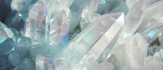 Poster - Clear quartz crystals showcasing their transparent surfaces and unique texture in natural light