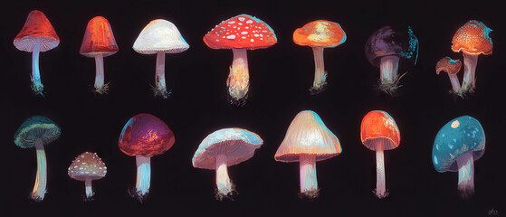 Poster - Vibrant mushrooms showcasing diverse textures and colors in a beautifully arranged display