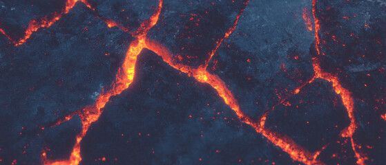 Poster - Cracked lava texture with glowing orange highlights and jagged edges at night