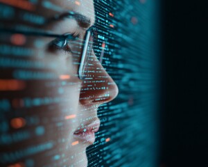 Fototapete - Futuristic Digital Collaboration Interface Diverse Team in Neon-Infused Virtual Workspace - Enhancing Remote Workflows for Tech-Savvy Professionals in Business Innovation