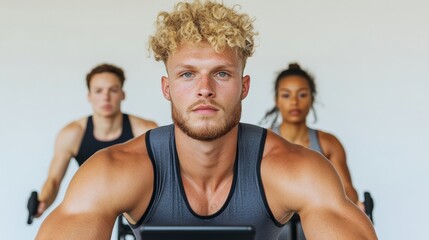 Aufkleber - Scandinavian Minimalism in Home Fitness Diverse Millennials on Indoor Cycling Bikes Engaged in Virtual Mountain Ride - Digital Wellness Experience and Smart Workout Solutions