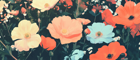 Poster - Explore a vibrant garden with cute flowers in pastel colors showcasing simple shapes
