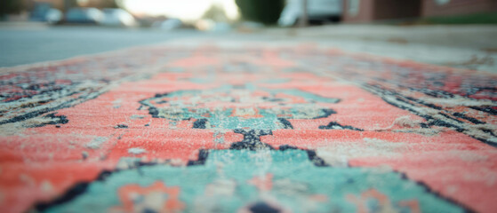 Poster - Distressed rug with worn edges and faded colors on a street setting