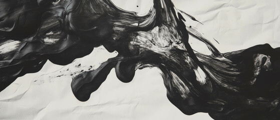 Poster - Dried black ink textures creating dynamic forms on white matte background for artistic exploration