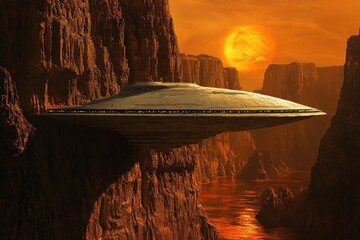 Poster - Futuristic spacecraft hovering over canyon landscape during sunset