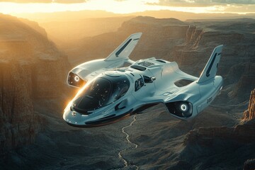 Aufkleber - Futuristic spacecraft exploring a canyon at sunset with stunning light reflections and dramatic landscape