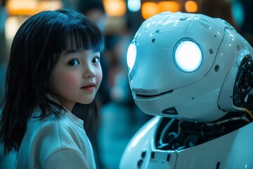 Aufkleber - Young girl interacts with friendly robot in a futuristic urban setting at night
