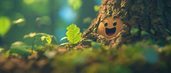 Poster - Friendly trees with bright green leaves and cheerful faces in a vibrant forest setting