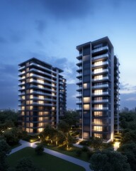 Poster - Sleek Urban Architecture Dynamic Glass Facades and Green Spaces in High-Rise Design - Advanced Eco-Friendly Solutions for Modern Urban Development and Real Estate Marketing