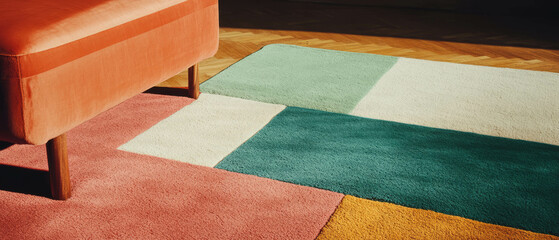 Poster - Geometric patterned rug featuring varied colors and precise shapes in a cozy indoor setting