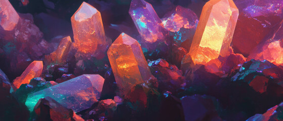 Poster - Glowing gems with vibrant colors and sparkling effects in artistic arrangement
