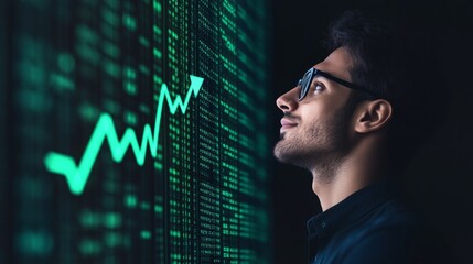 Poster - Futuristic Stock Market Visualization Rising Green Line Graph and Confident Indian Male Silhouette on Digital Grid - Business Growth and Investment Strategy Insight