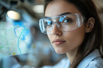 Leinwandbilder - Scientist analyzing data on a screen while wearing safety glasses in a modern laboratory setting