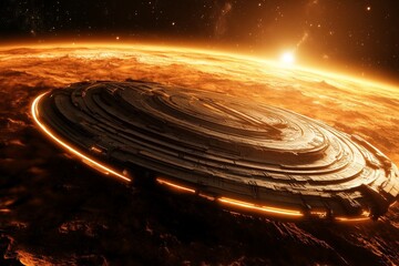 Aufkleber - Futuristic spacecraft hovers above a fiery sun, showcasing advanced technology and cosmic beauty at dusk