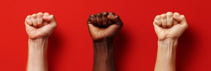 Poster - Contemporary Unity Movement Diverse Hands in Power Gesture Against Bold Red Background - Visual for Social Campaigns, Cultural Branding and Empowerment Advocacy