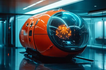 Fototapete - Innovative orange capsule showcasing advanced technology in a modern exhibition space
