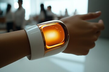 Poster - Innovative wearable technology showcases a sleek design and glowing interface in a modern indoor setting